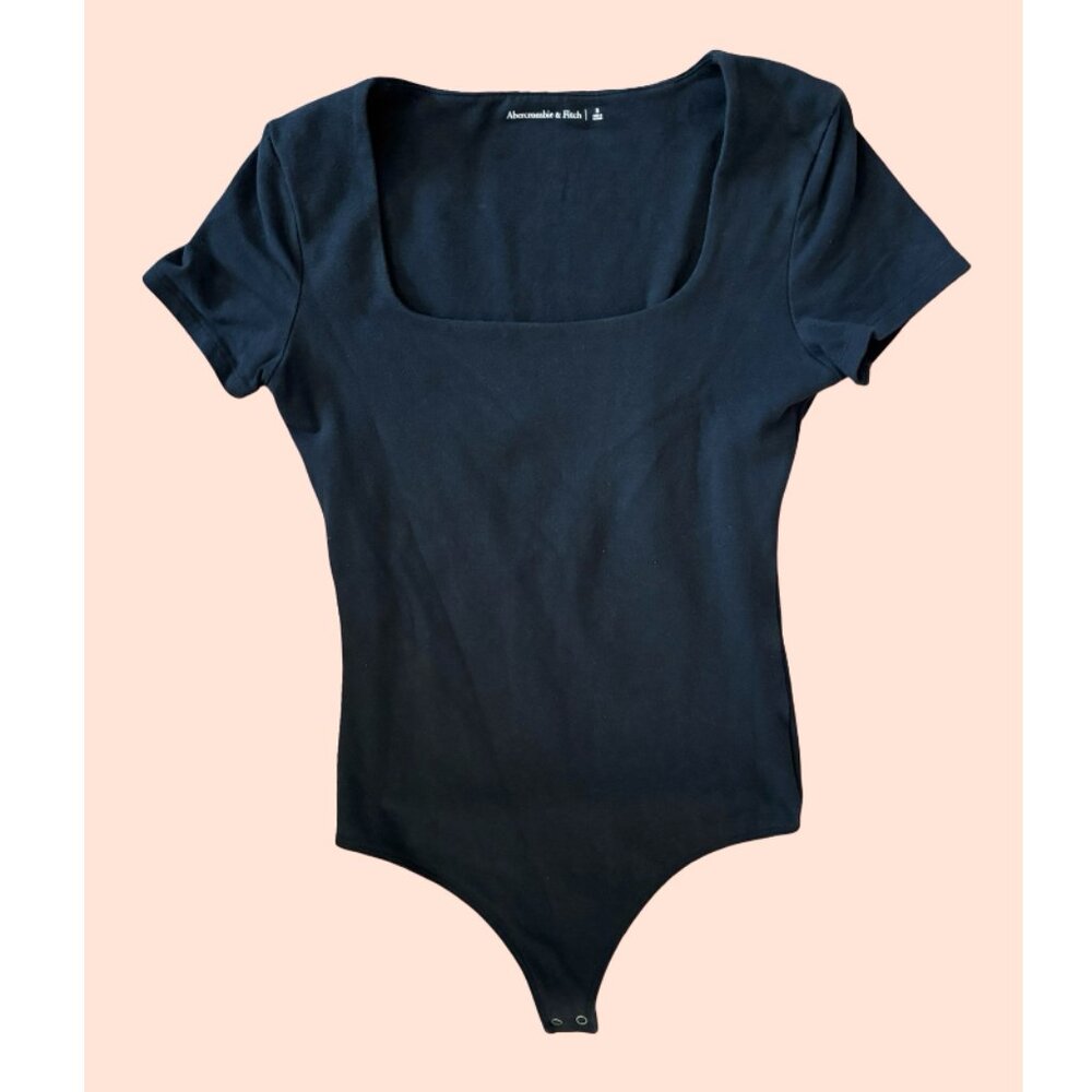 Abercrombie Short-Sleeve Cotton Seamless Squareneck Bodysuit, Black, Size Small - Picture 5 of 9
